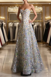 Pretty A Line Sweetheart Tulle Floral Long Semi Formal Prom Dresses Evening Gowns